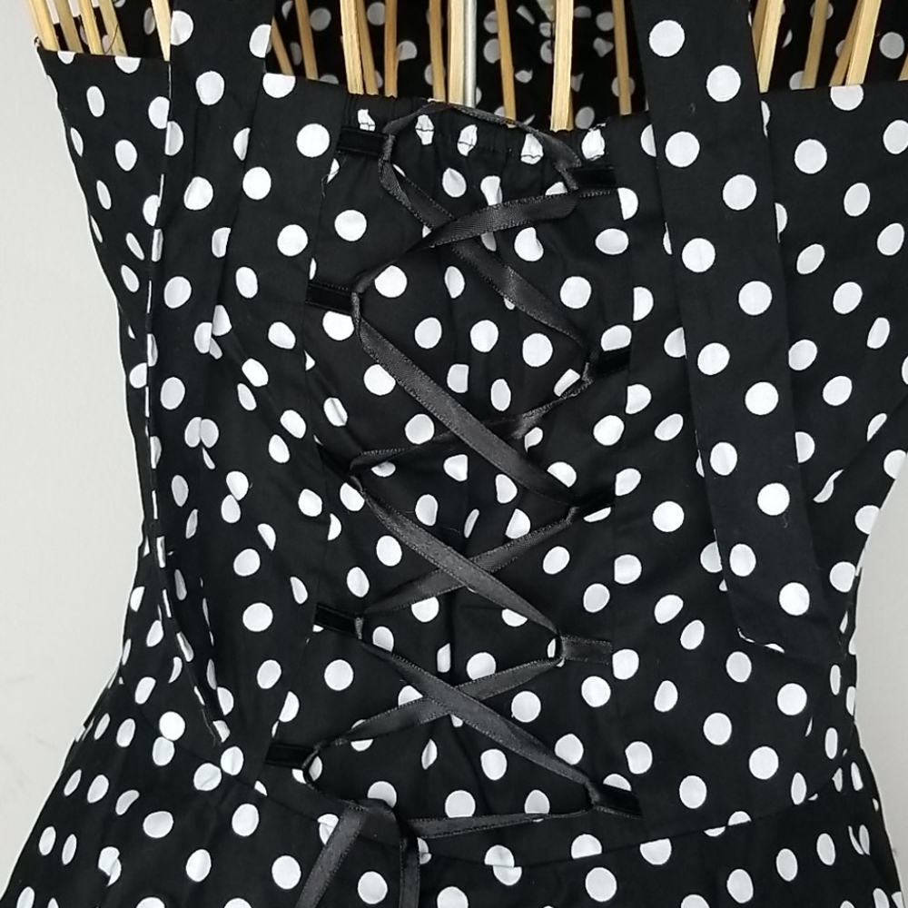 Maggie Tang Retro 1950's Medium Black & White Polka Dot Halter Midi Swing Dress - Picture 5 of 9
